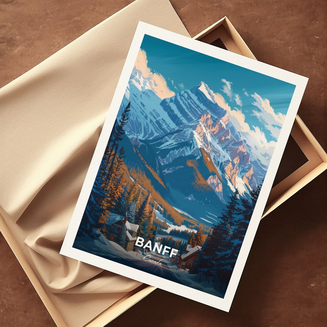 Banff Canada Snowy Rocky Mountain Peak Winter Cabin Village Poster - Image 3