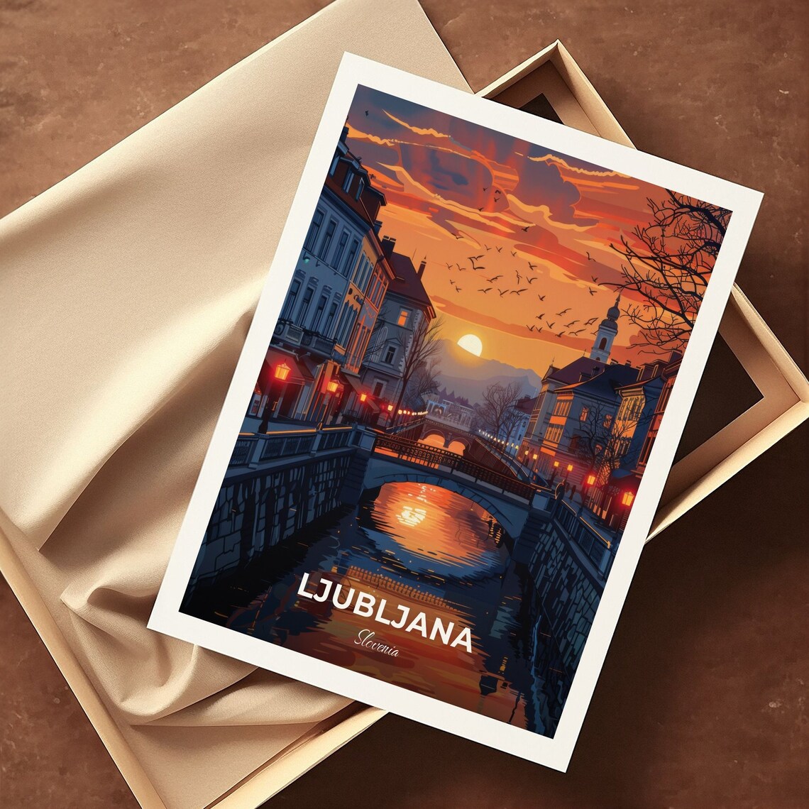 Ljubljana Slovenia Butchers Bridge River Sunset Birds Flying View Poster - Image 3