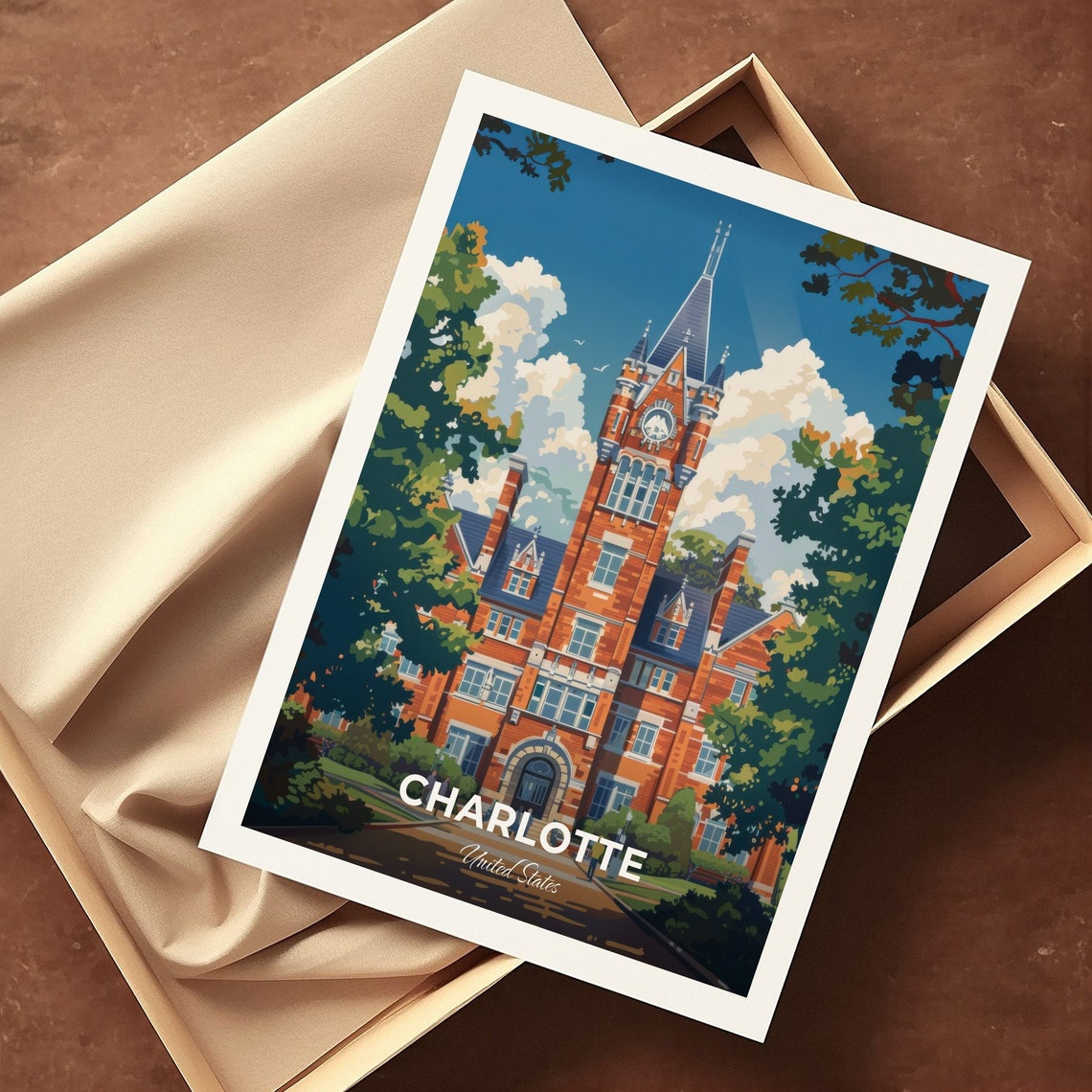 Charlotte USA Historic Brick Clock Tower Campus Travel Poster - Image 3