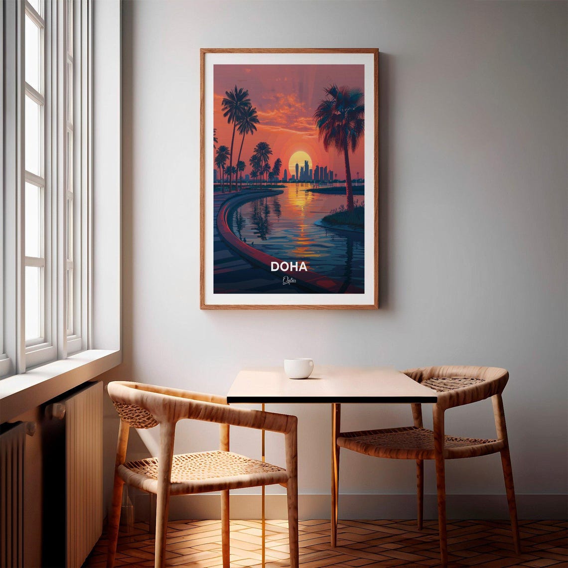 Doha Qatar Sunset Park Palm Trees Lake Skyline Art View Poster - Image 2