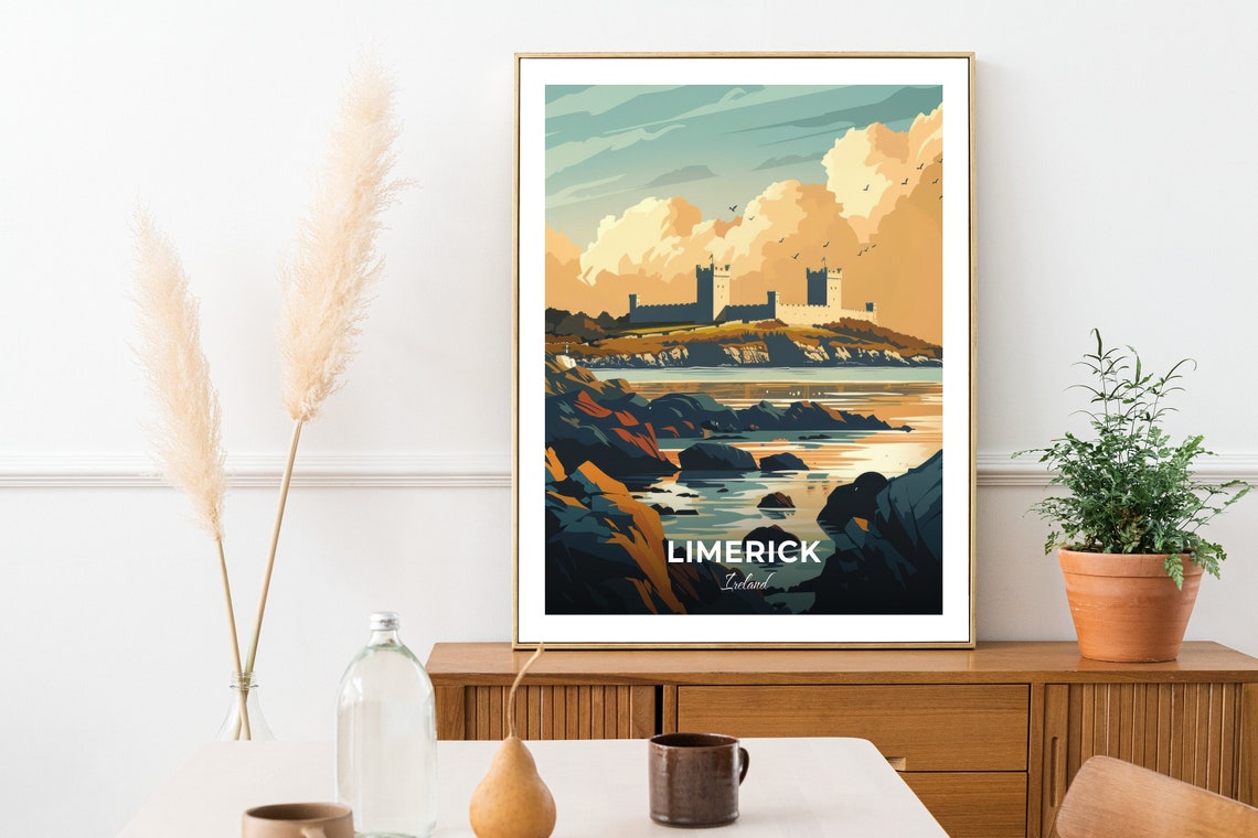 Limerick Ireland Medieval Castle Rocky Shore View Travel Poster - Image 2