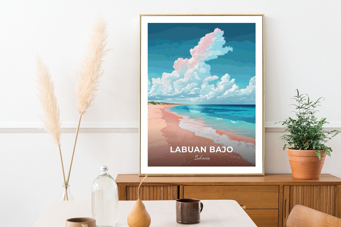 Labuan Bajo Pink Beach Clouds Turquoise Sea Indonesia Vintage Travel Poster - Image 3
