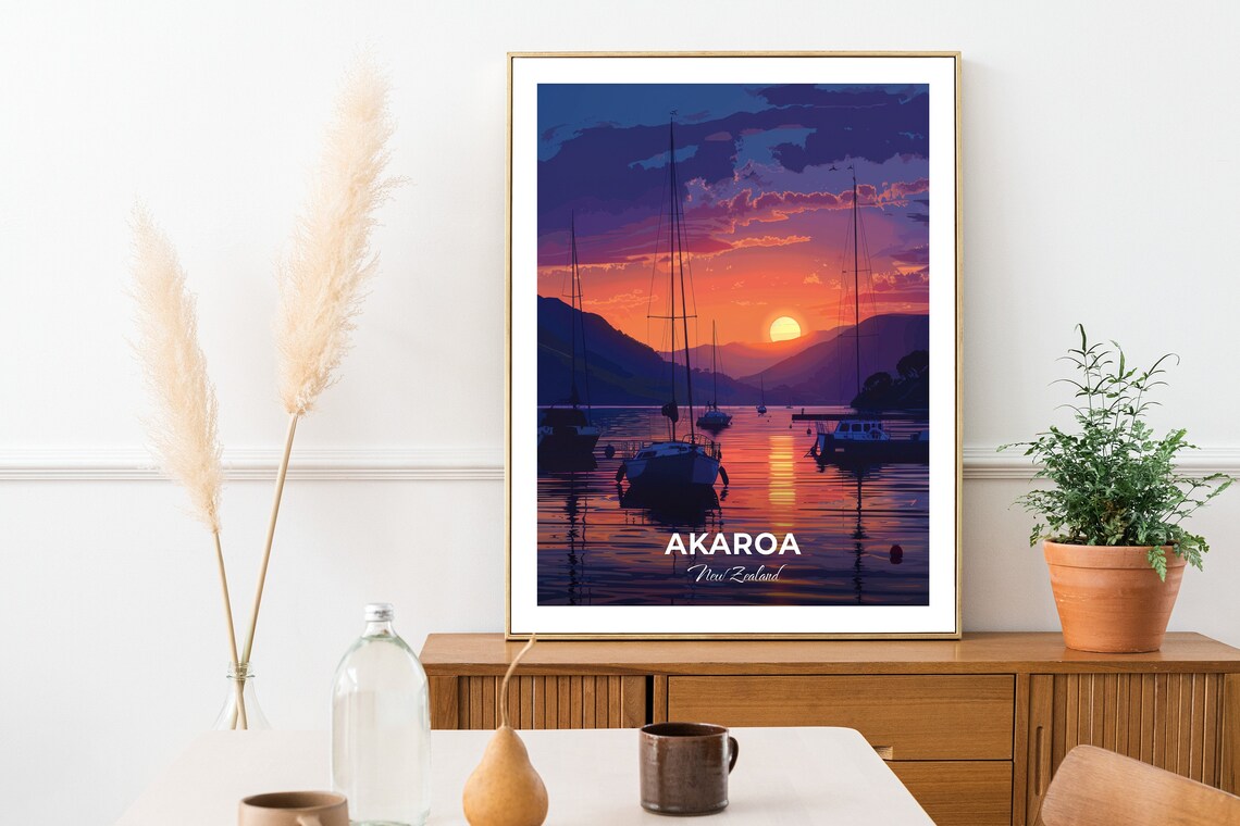 Akaroa New Zealand Sunset Harbor With Anchored Sailboats Travel Poster - Image 3
