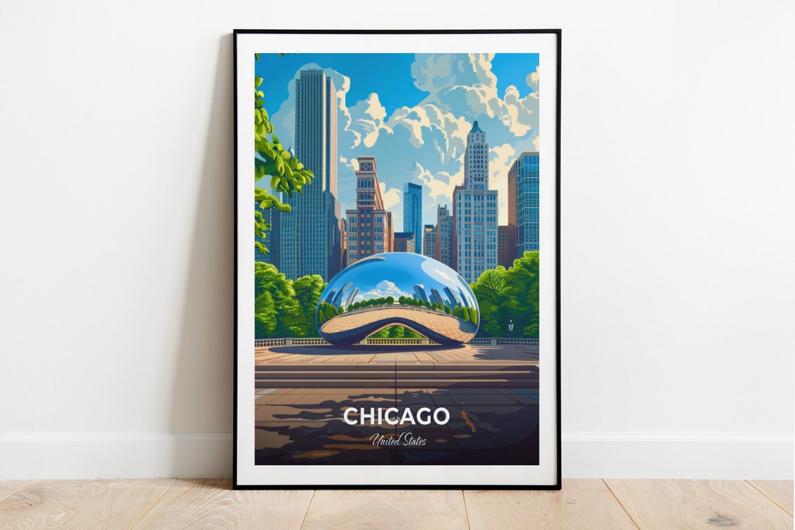 Chicago Millennium Park Cloud Gate Reflective Bean Travel Poster
