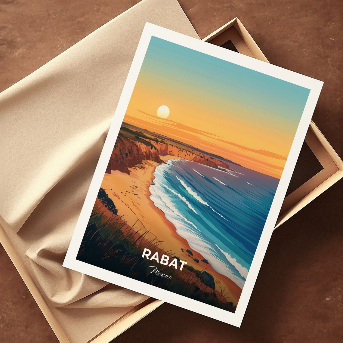 Rabat Morocco Beach Sunset Cliffs Atlantic Waves Travel Poster - Image 3