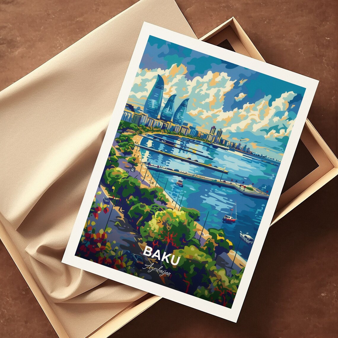 Baku Azerbaijan Flame Towers Bay Skyline View Travel Art Poster - Image 3