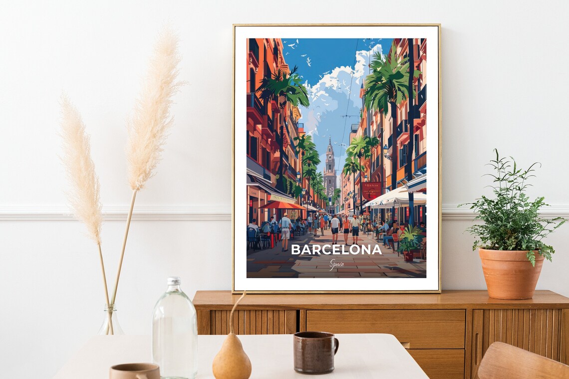 Barcelona La Rambla Street Cafes Palm Trees Spain Travel Poster - Image 2