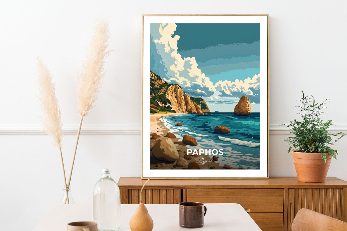Paphos Cyprus Aphrodites Rock Sea Stack Ocean Cliffs Travel Poster - Image 2