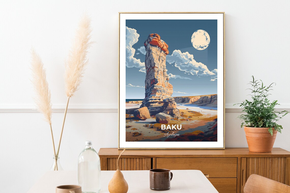 Baku Azerbaijan Moonlit Desert Stone Pillar Rock Travel Poster - Image 2