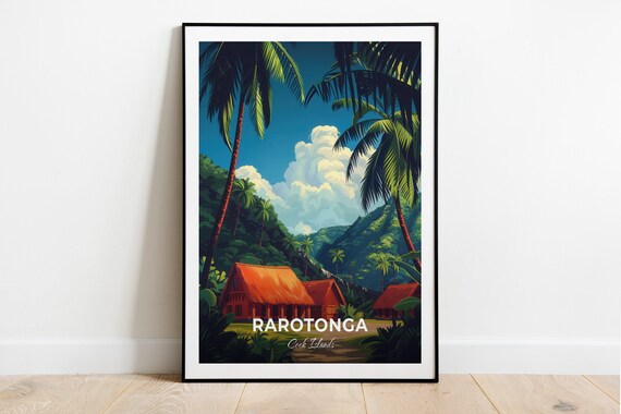 Rarotonga Cook Islands Palm Village Mountain View Travel Poster