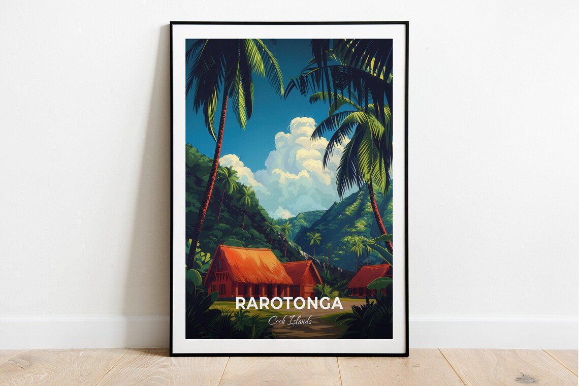 Rarotonga Cook Islands Palm Village Mountain View Travel Poster