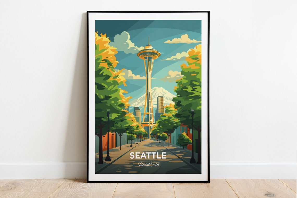 Seattle Space Needle with Mount Rainier Street View Travel Poster