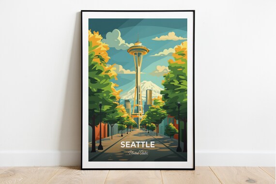Seattle Space Needle with Mount Rainier Street View Travel Poster