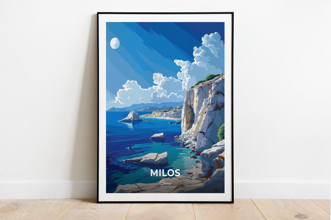 Milos Greece White Cliffs Turquoise Sea Moonlight Travel Poster