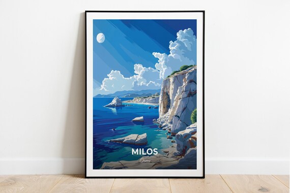 Milos Greece White Cliffs Turquoise Sea Moonlight Travel Poster