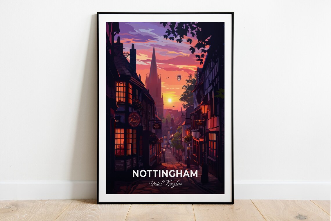 Nottingham Historic Old Street Sunset Spire Taverns Travel Poster