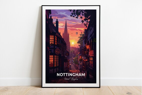 Nottingham Historic Old Street Sunset Spire Taverns Travel Poster