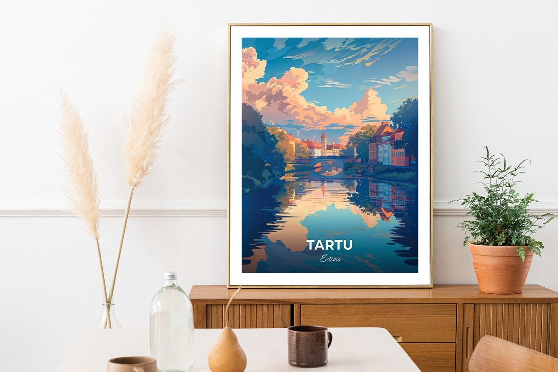 Tartu Estonia Emajogi River Bridge Old Town Skyline Travel Poster - Image 2