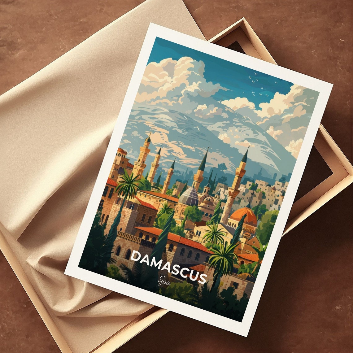 Damascus Old City Minarets Domes Mountain Backdrop Syria Travel Poster - Image 3