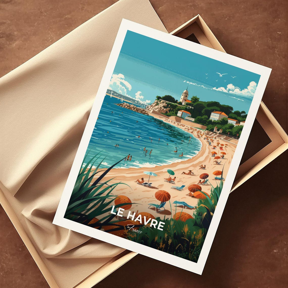 Le Havre France Sandy Beach Umbrellas Lighthouse Coast Travel Poster - Image 4