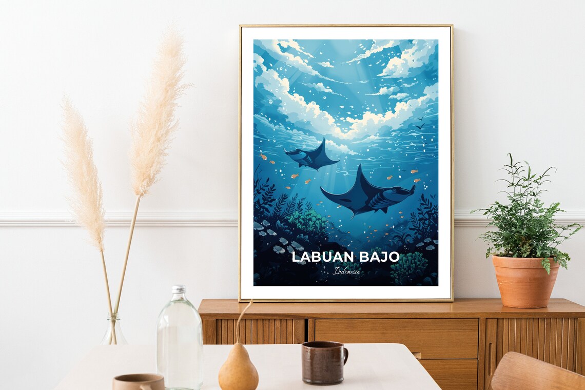 Labuan Bajo Manta Rays Coral Reef Dive Indonesia Vintage Travel Poster - Image 3