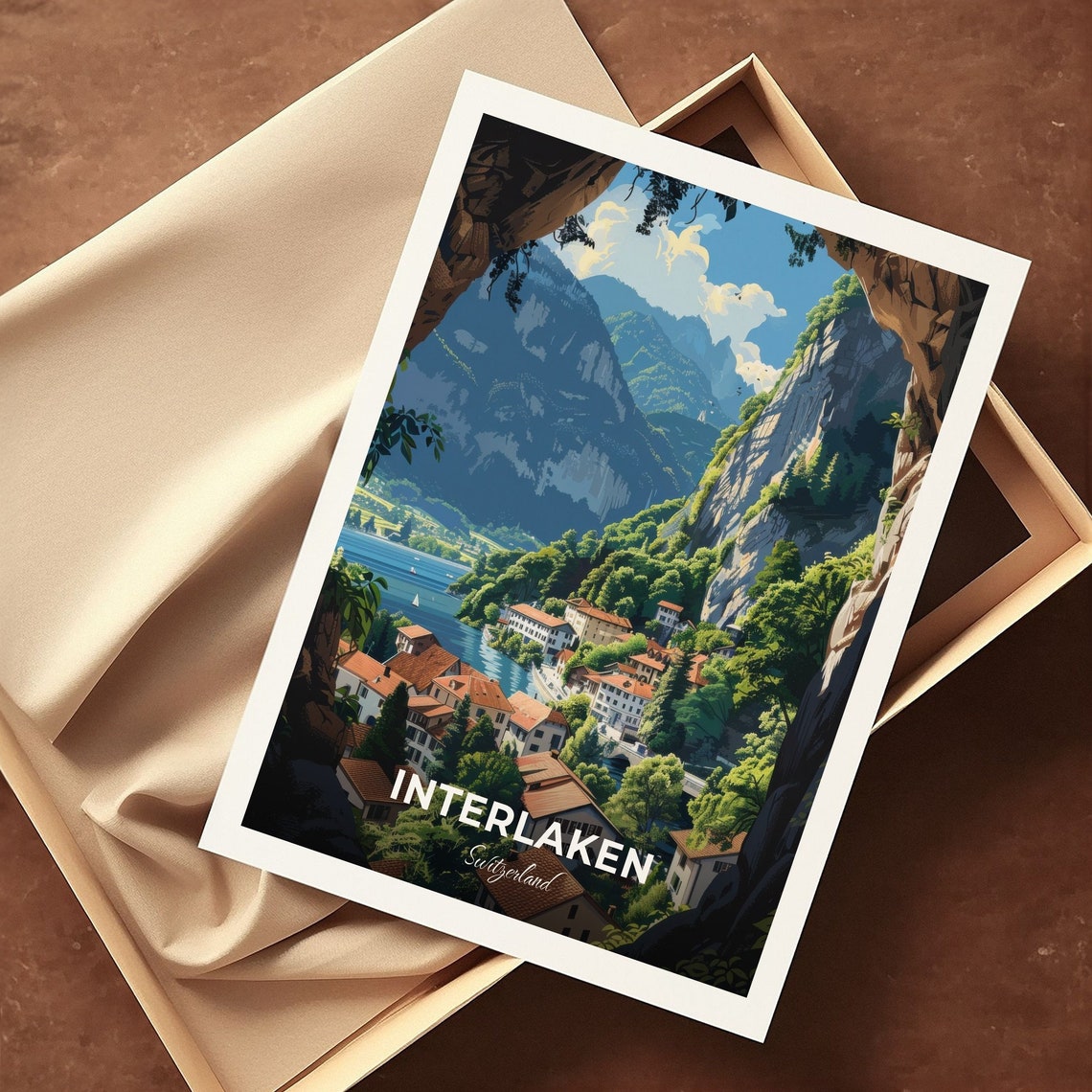Interlaken Switzerland Lake Cliffs Village Vintage Travel Poster - Image 3