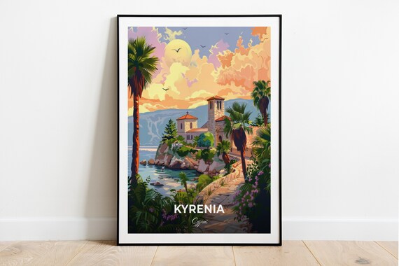 Kyrenia Cyprus Bellapais Abbey Ruins Coast Palms Sunset Travel Poster