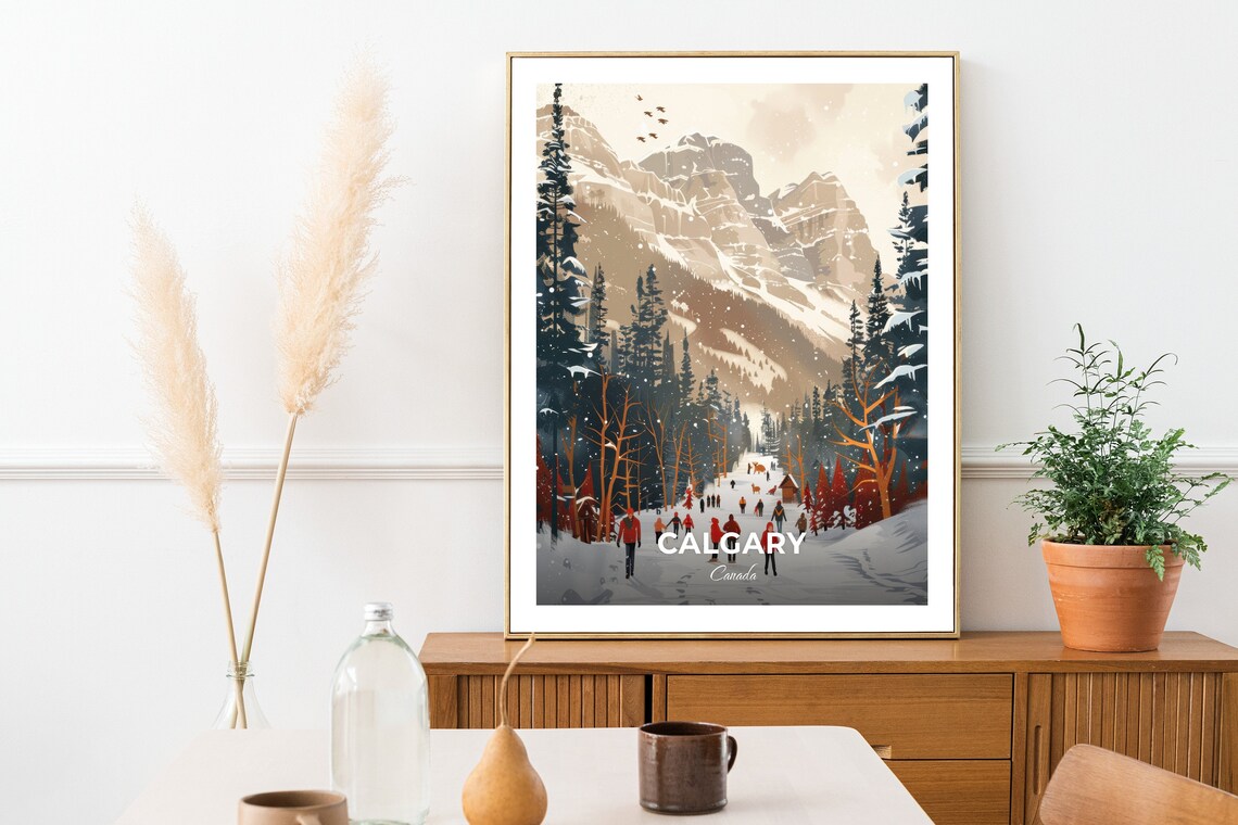Calgary Canada Snowy Mountain Valley Hikers Winter Travel Poster - Image 2
