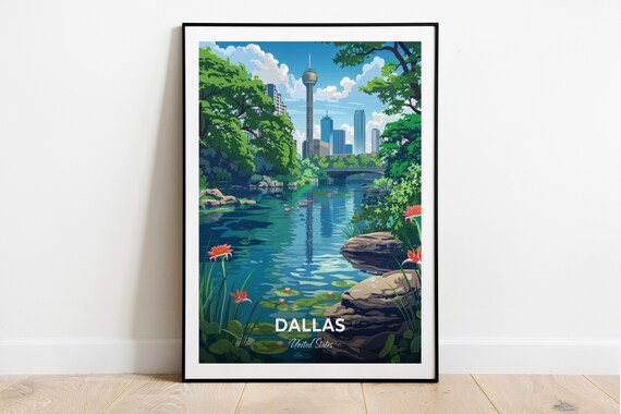 Dallas Reunion Tower Lake Reflection Skyline Oasis Travel Poster