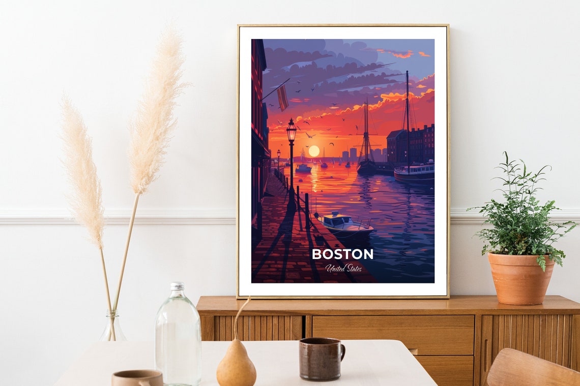 Boston Sunset Harbor Sailboats Boardwalk Waterfront Glow Travel Poster - Image 2