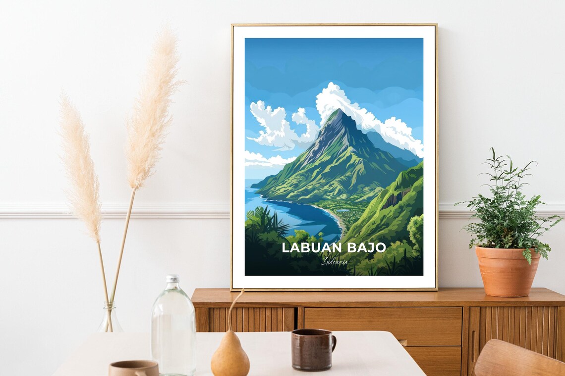 Labuan Bajo Indonesia Green Volcano Peak Bay View Travel Poster - Image 3