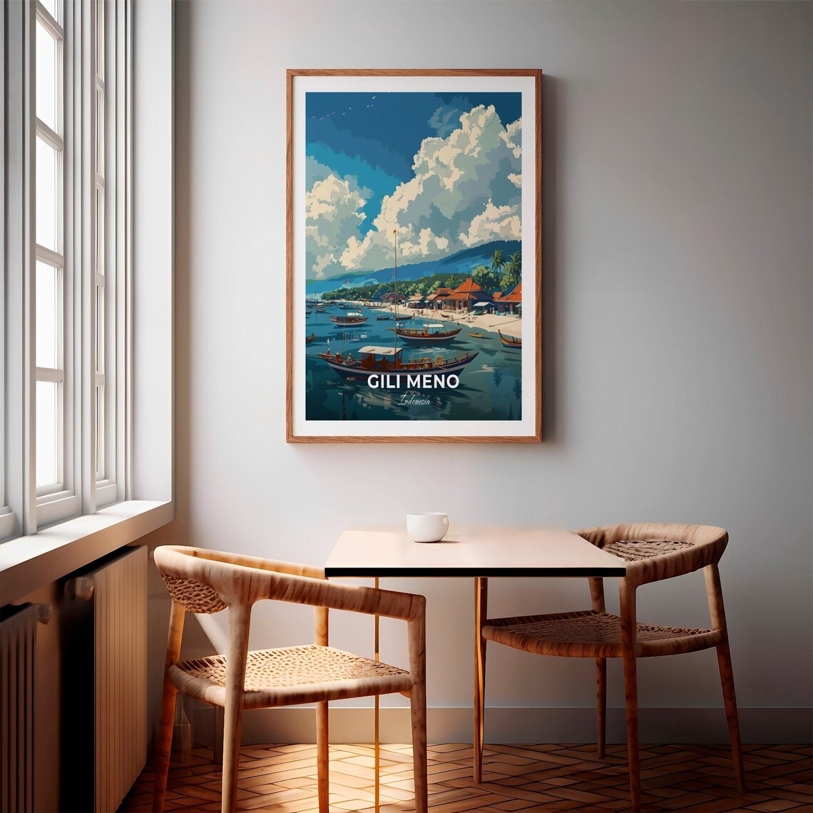 Gili Meno Harbour Boats Beach Huts Coast Indonesia Vintage Travel Poster - Image 2
