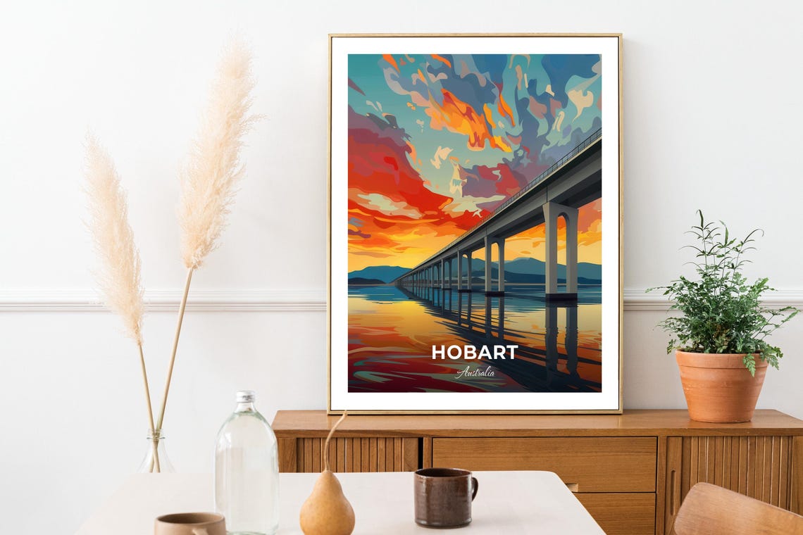 Hobart Australia Long Bridge Sunset Reflection Fiery Sky Poster - Image 3