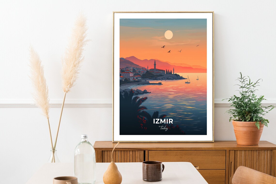 Izmir Turkey Coastal Sunset Travel Poster Harbour Sailboats Evening Light - Image 2