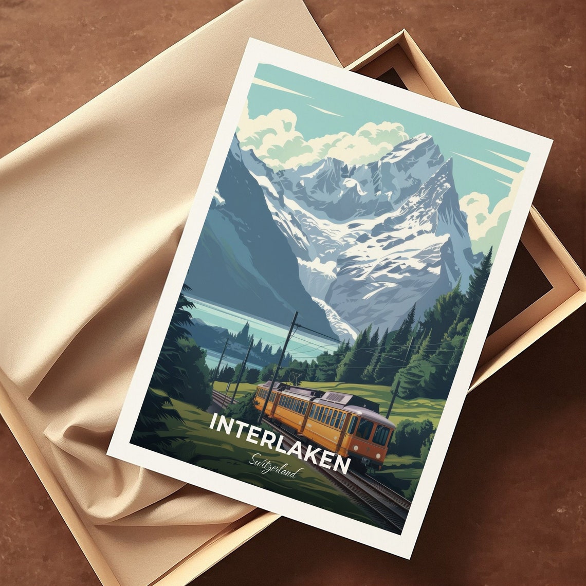 Interlaken Alpine Train Snowy Mountain Peaks Valley Travel Poster - Image 3
