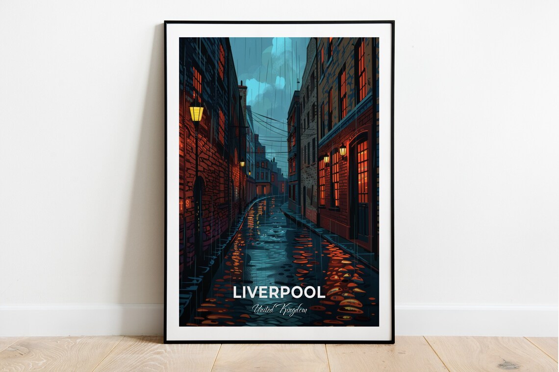 Liverpool Rainy Cobblestone Street Night Travel Poster United Kingdom