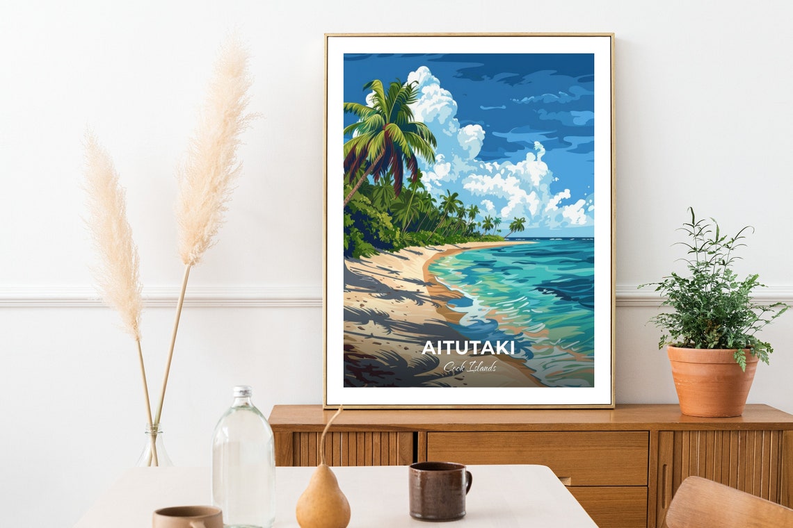 Aitutaki Cook Islands Curved Palm-Fringed Beach Travel Poster - Image 3