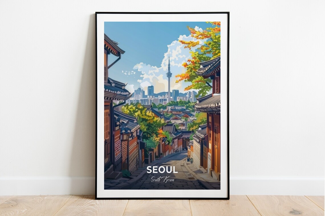 Seoul Insadong Traditional Hanok Street Autumn N Seoul Tower Travel Poster