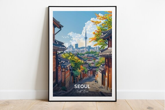 Seoul Insadong Traditional Hanok Street Autumn N Seoul Tower Travel Poster