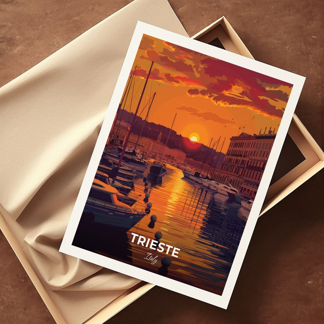 Trieste Italy Harbor Marina Sunset Sailboat Glow Travel Poster - Image 3