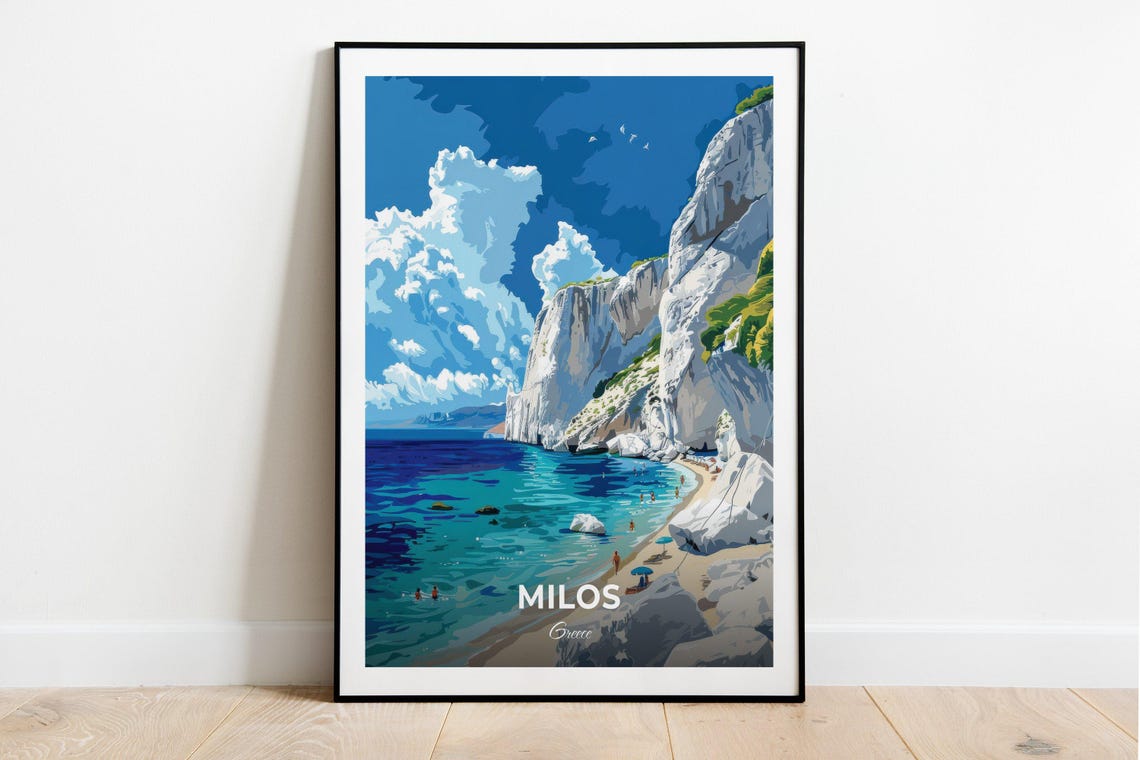 Milos Greece White Rock Beach Cove Swimmers Summer Travel Poster