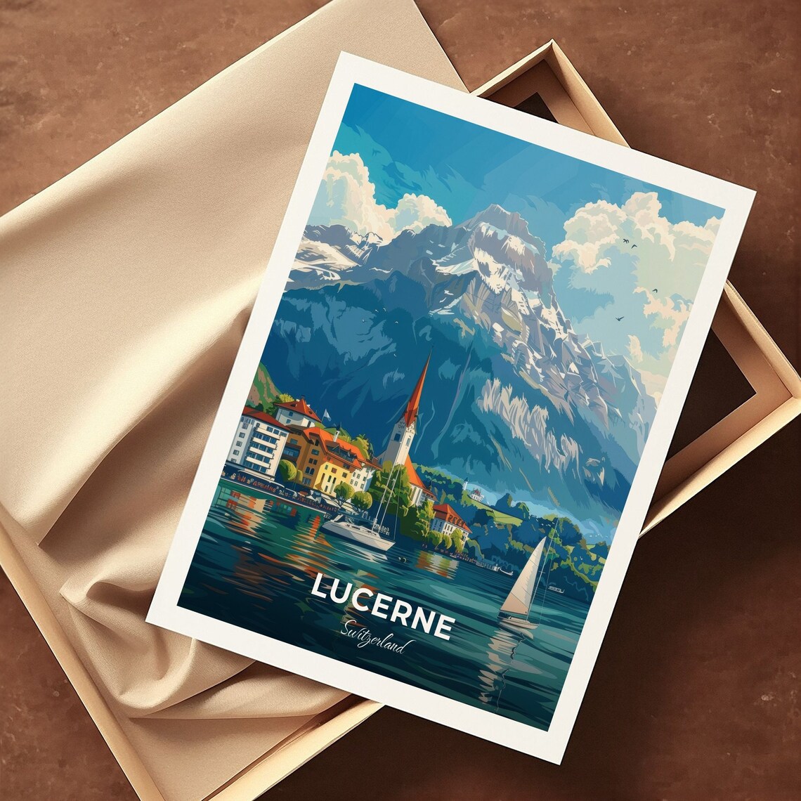 Lucerne Switzerland Pilatus Mountain Lake Sailboat Travel Poster - Image 3