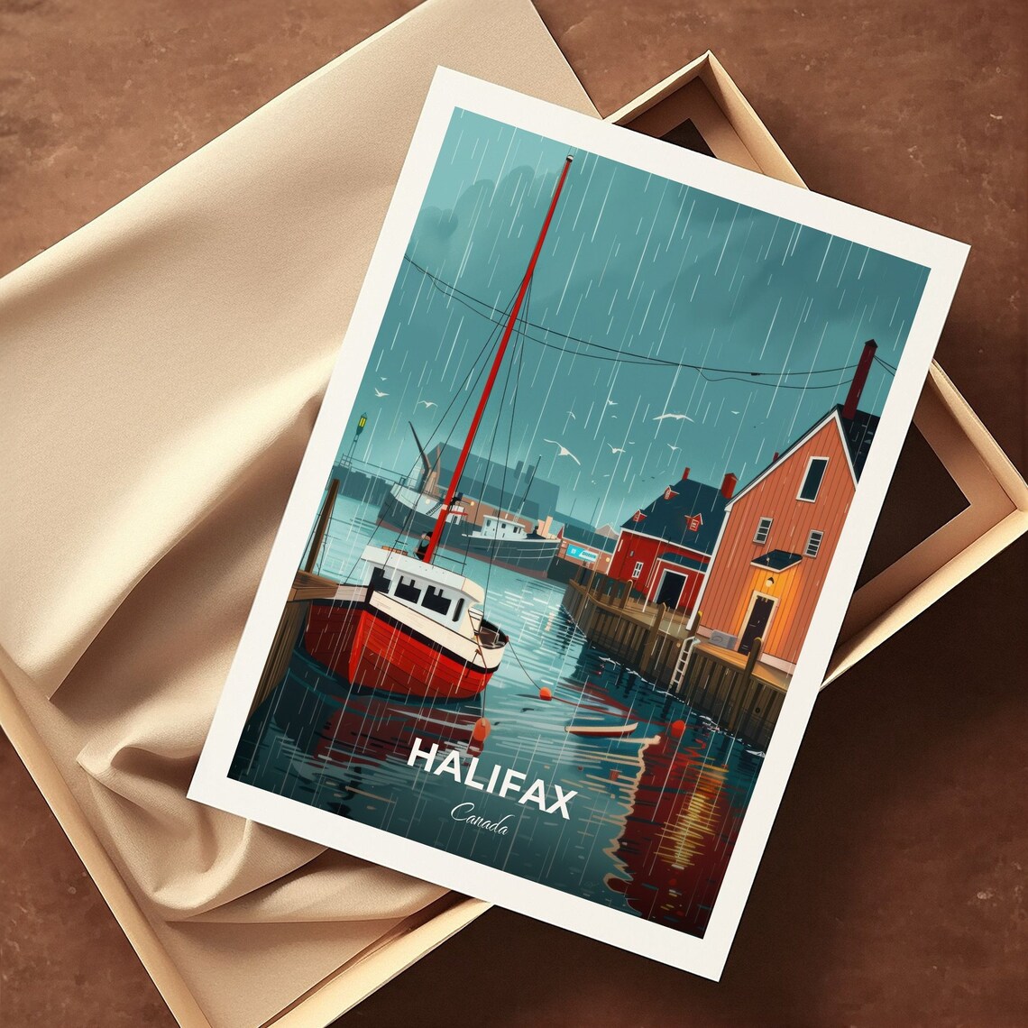 Halifax Canada Rainy Harbor Red Boat Maritime Scene Travel Poster - Image 3