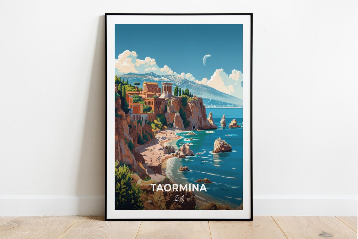 Taormina Italy Ancient Theatre Coast Mount Etna Travel Poster