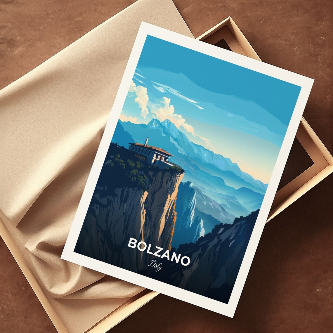 Bolzano Mountain Museum Cliffside Villa Alpine Italy Landscape Travel Poster - Image 3