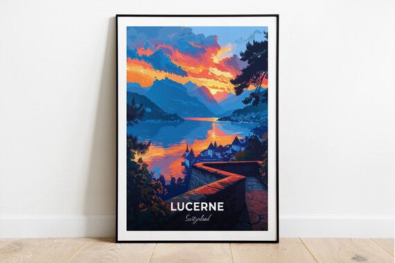 Lucerne Switzerland Musegg Wall Lakeside Sunset Mountain View Poster