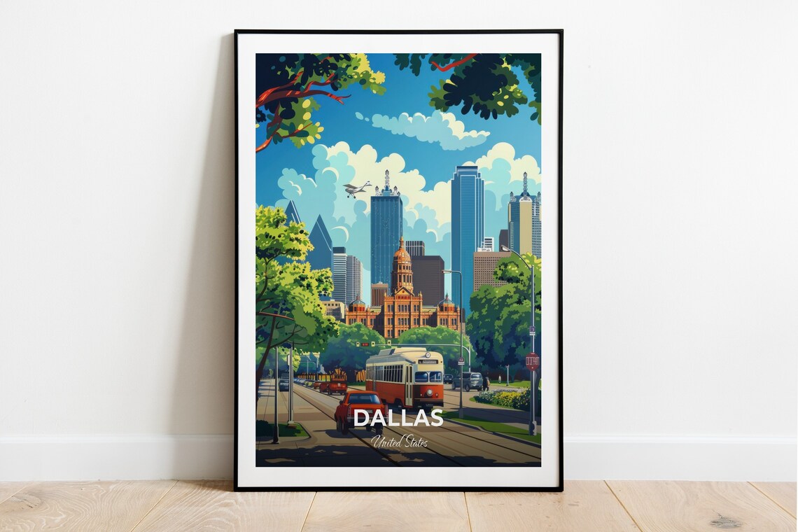 Dallas Dealey Plaza Historic Street Trolley Skyline Travel Poster