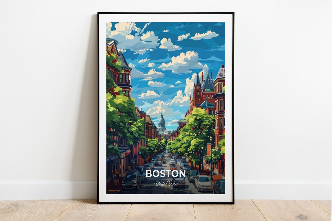 Boston United States Newbury Street Brownstone Cityscape Travel Poster