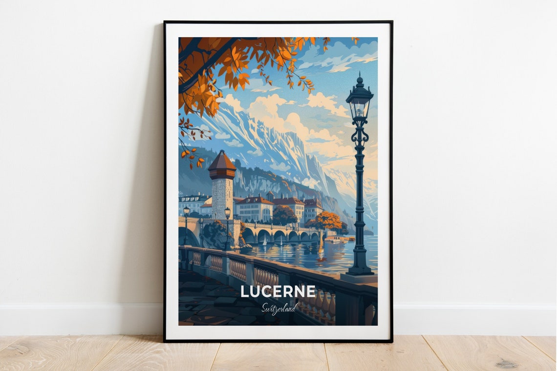 Lucerne Switzerland Alpine Chapel Bridge Lake Autumn Travel Poster