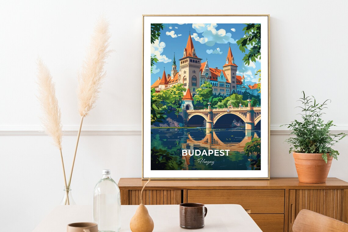 Budapest Hungary Vajdahunyad Castle Fairytale Spires Lake Travel Poster - Image 2